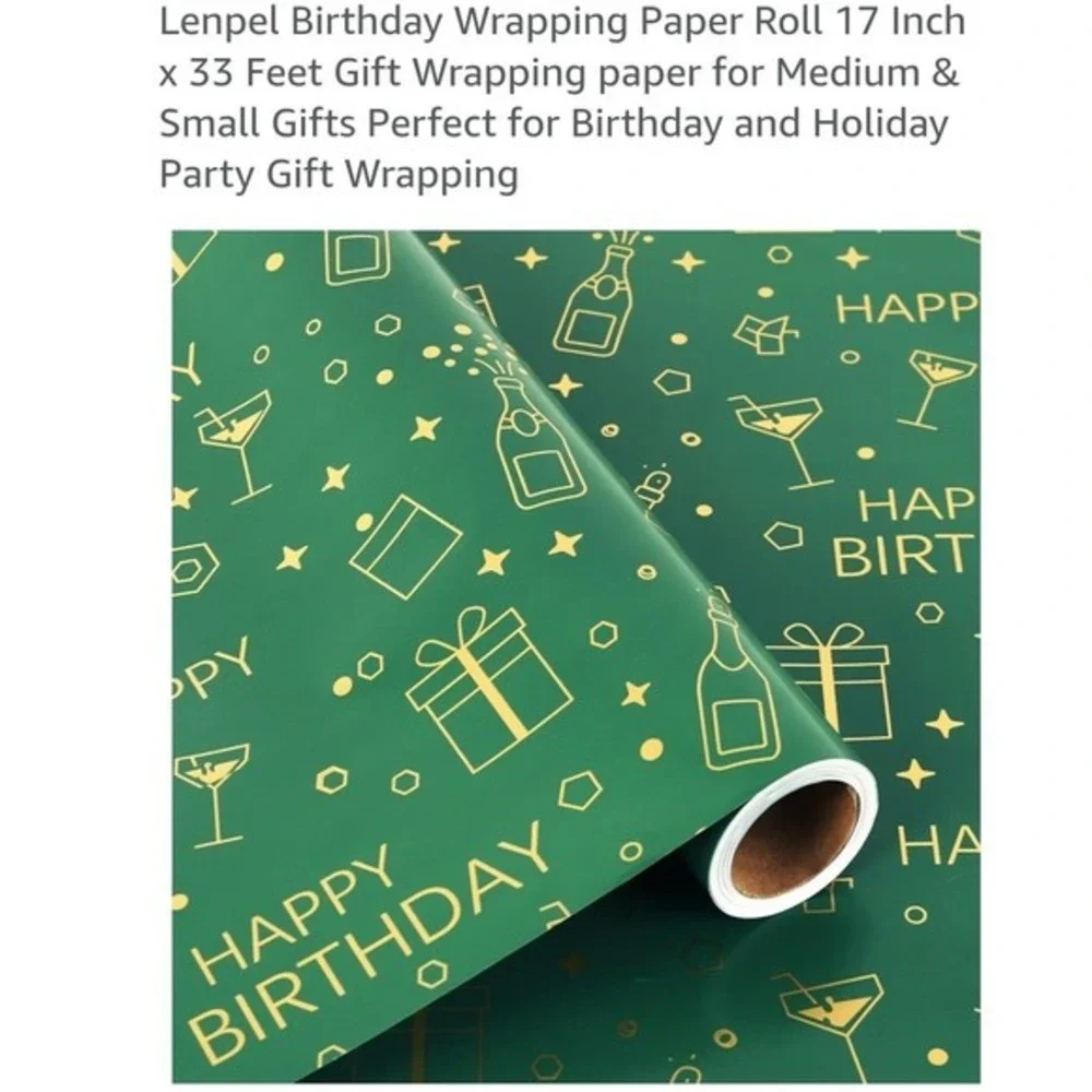 Lenpel Birthday Wrapping Paper Roll 17 Inch x 33 Feet Green Gold Foil Party Wrap